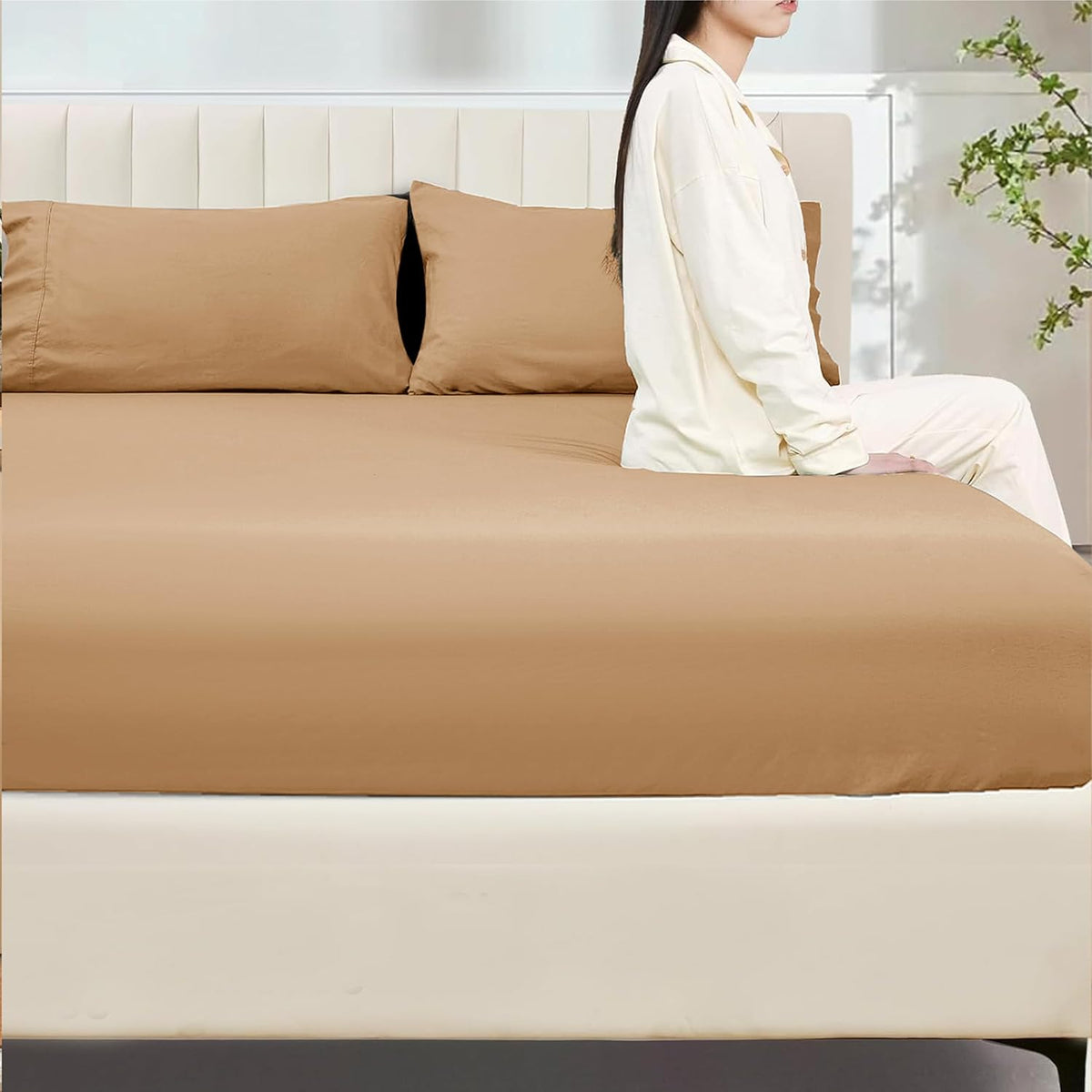 Fitted Sheet 100% Egyptian Cotton 300TC Hotel Quality 30 Cm Fitted Bedsheets (Beige, Single)