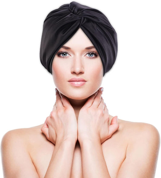 Hair Wrap for Sleeping, Satin Sleep Bonnet Double-Sided Sleep Cap Hair Turban for Curly Hair Women Sleep Cap with Elastic Bow Stay on Head – Black