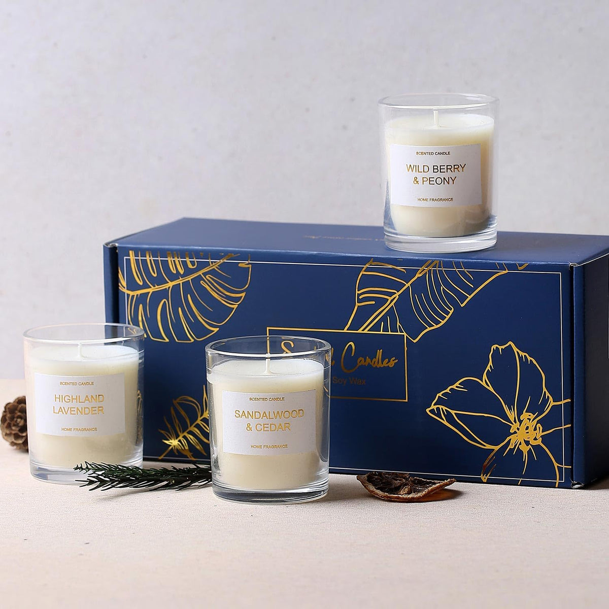 Lavender, Peony & Wild Berries Scented Candle Gift Set - Sandalwood Soy Wax, 3 x 3.5 oz, 75 Hours Burn Time, Elegant Gift for Any Occasion