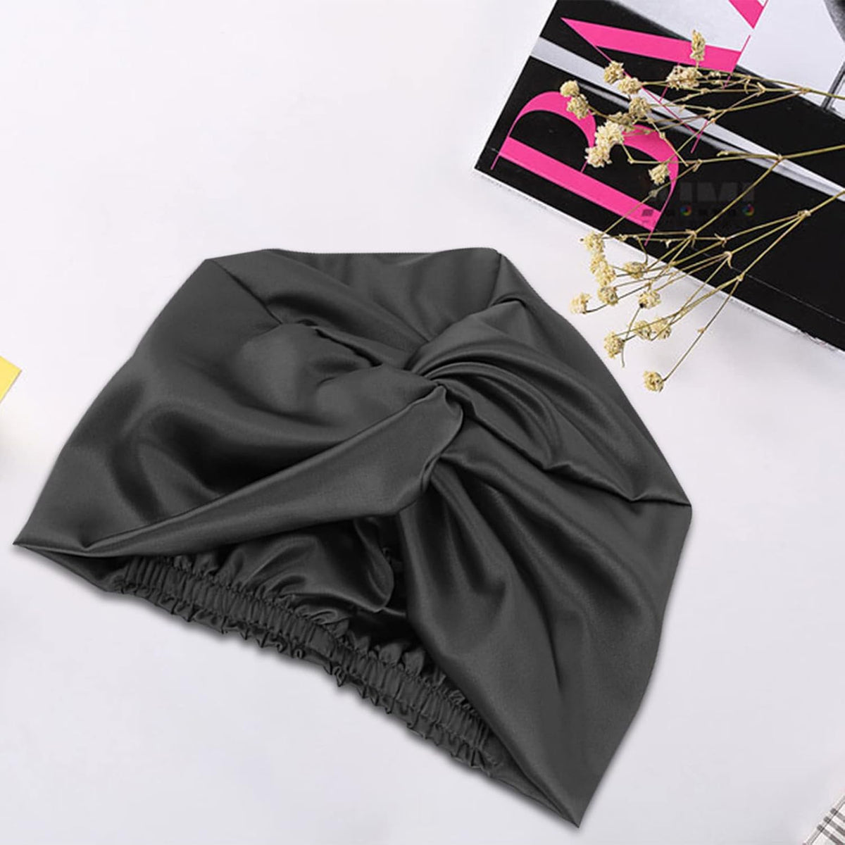 Hair Wrap for Sleeping, Satin Sleep Bonnet Double-Sided Sleep Cap Hair Turban for Curly Hair Women Sleep Cap with Elastic Bow Stay on Head – Black