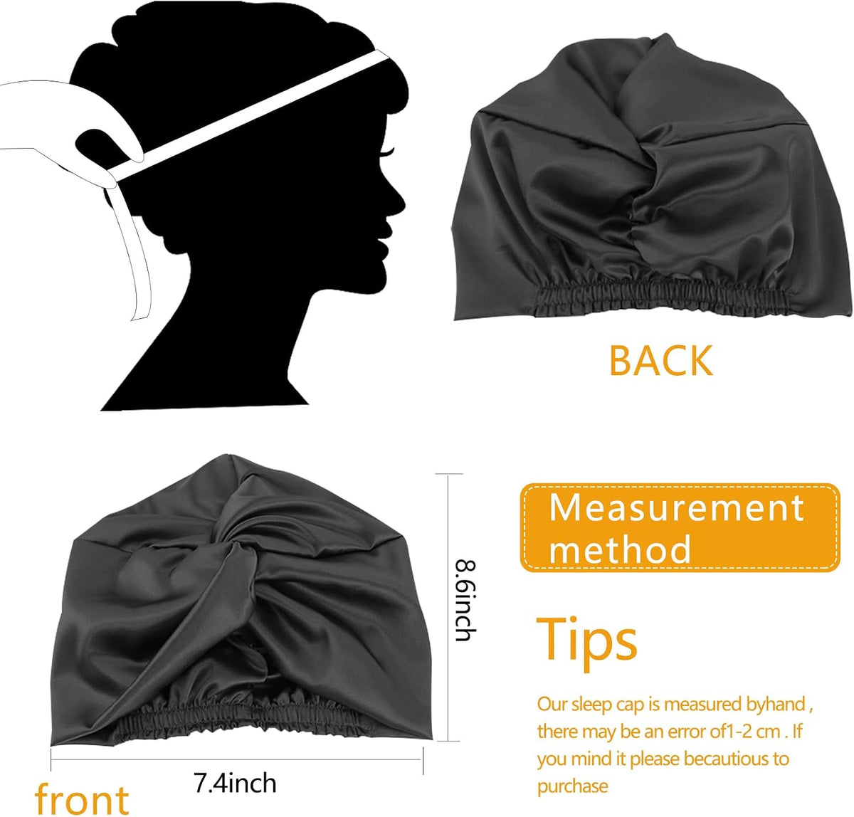 Hair Wrap for Sleeping, Satin Sleep Bonnet Double-Sided Sleep Cap Hair Turban for Curly Hair Women Sleep Cap with Elastic Bow Stay on Head – Black