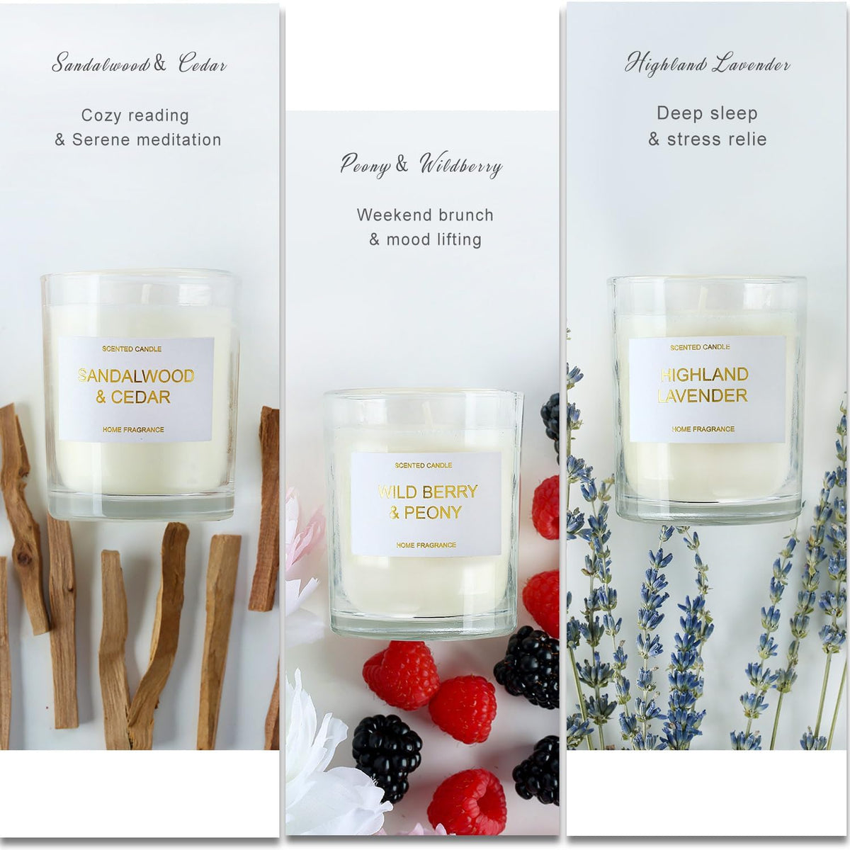 Lavender, Peony & Wild Berries Scented Candle Gift Set - Sandalwood Soy Wax, 3 x 3.5 oz, 75 Hours Burn Time, Elegant Gift for Any Occasion