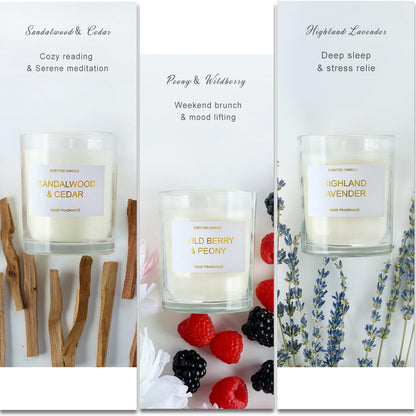 Lavender, Peony & Wild Berries Scented Candle Gift Set - Sandalwood Soy Wax, 3 x 3.5 oz, 75 Hours Burn Time, Elegant Gift for Any Occasion