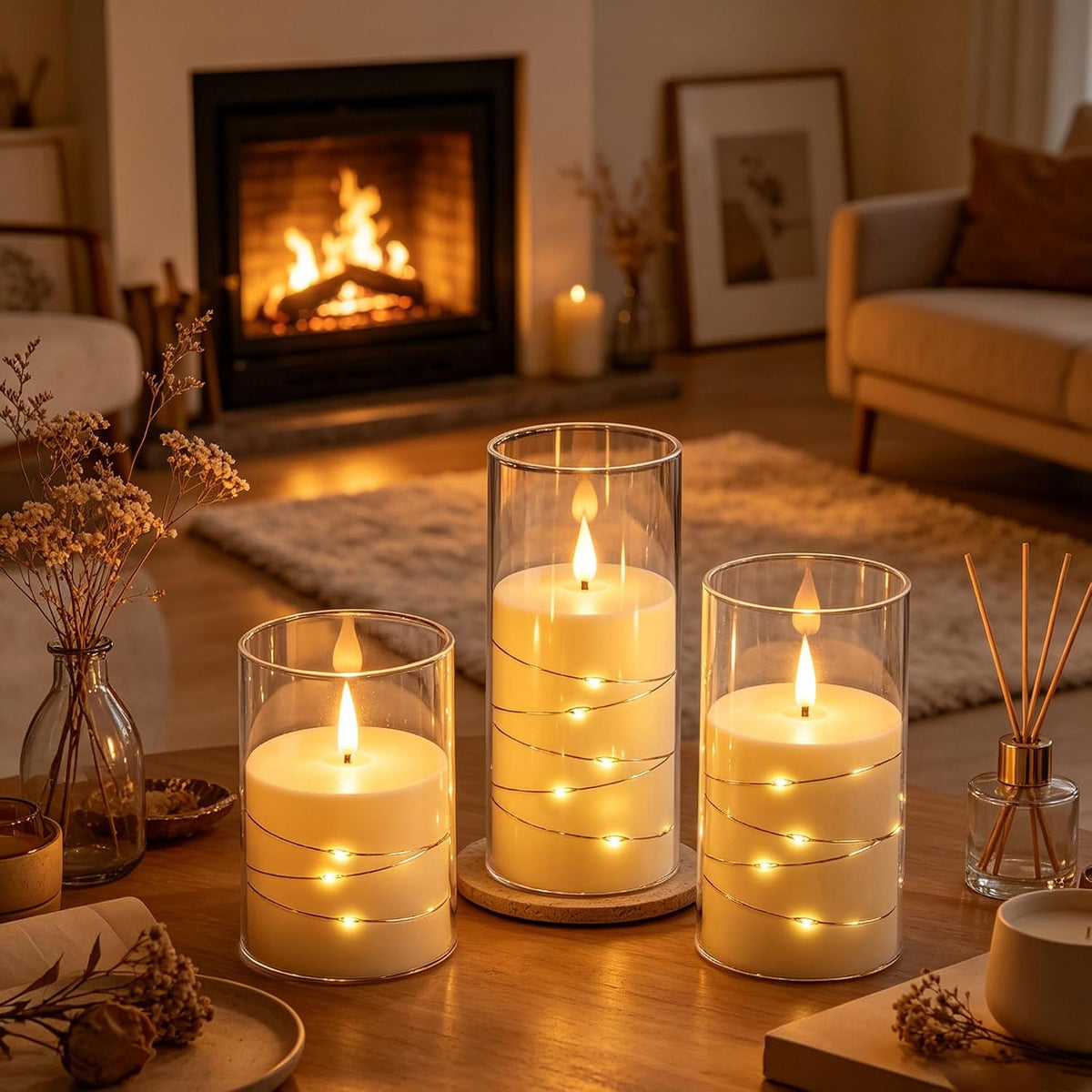 3 Pack Ivory Flickering Flameless Candles, Black Wick LED Candles with Fairy Lights, Heat Resistant Reusable Plastic, Remote Control, 7.5Cm D 10/12.5/15Cm, Indoor Outdoor Wedding Home Decor