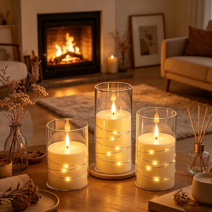 3 Pack Ivory Flickering Flameless Candles, Black Wick LED Candles with Fairy Lights, Heat Resistant Reusable Plastic, Remote Control, 7.5Cm D 10/12.5/15Cm, Indoor Outdoor Wedding Home Decor