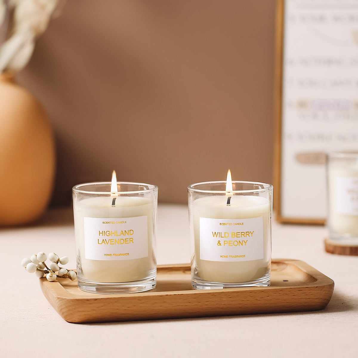 Lavender, Peony & Wild Berries Scented Candle Gift Set - Sandalwood Soy Wax, 3 x 3.5 oz, 75 Hours Burn Time, Elegant Gift for Any Occasion