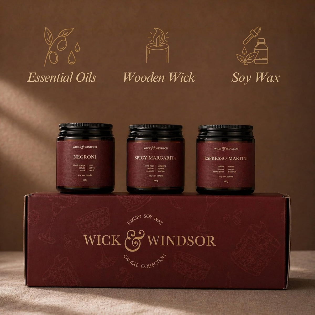 | Scented Candle Gift Set | Cocktail Collection | 3 Luxury Soy Wax Candles | Wooden Wick | 3×100G | Coffee, Blood Orange & Lime | Gift for Her & Him — Birthday, Christmas & Housewarming