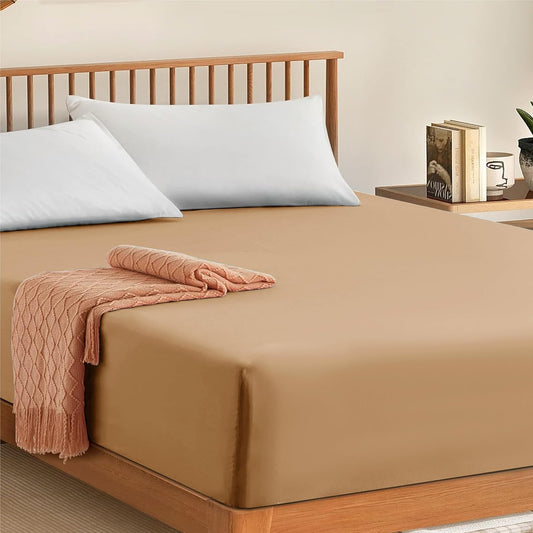 Fitted Sheet 100% Egyptian Cotton 300TC Hotel Quality 30 Cm Fitted Bedsheets (Beige, Single)