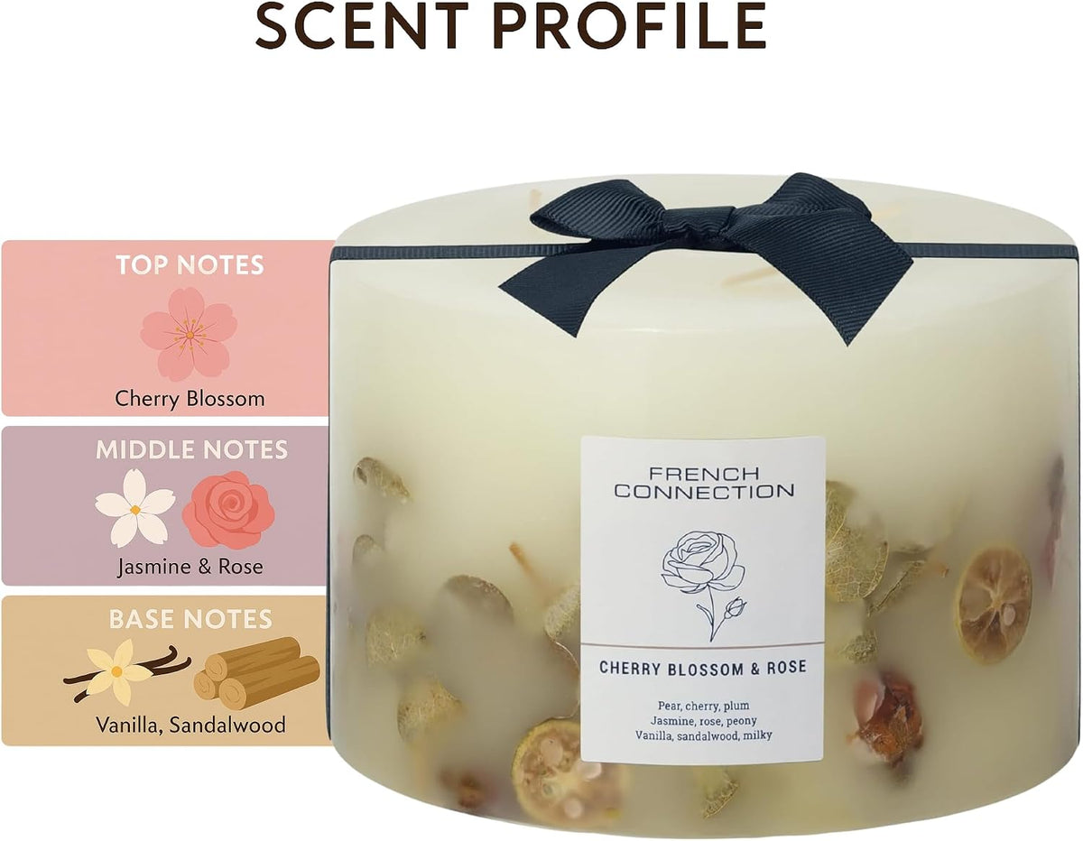 Cherry Blossom & Rose Scented Candle Botanical Pillar Candle | Aromatherapy Candles Gifts for Women & Men- (1.5Kg/91Hr) Burn Time | Long-Lasting Large 3 Wick Candle Housewarming Gift