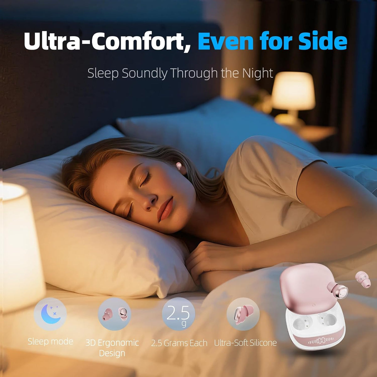Sleep Earbuds, Bluetooth 5.4 Sleep Headphones with Dedicated App, Dual Sleep Modes, 48H Sleep Earphones with 7 EQ Modes, 5 White Noise, Mini Sleep Ear Buds for Napping/Sleeping/Traveling, Rose Gold