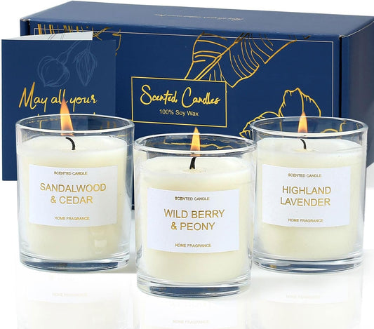 Lavender, Peony & Wild Berries Scented Candle Gift Set - Sandalwood Soy Wax, 3 x 3.5 oz, 75 Hours Burn Time, Elegant Gift for Any Occasion