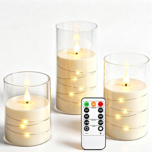3 Pack Ivory Flickering Flameless Candles, Black Wick LED Candles with Fairy Lights, Heat Resistant Reusable Plastic, Remote Control, 7.5Cm D 10/12.5/15Cm, Indoor Outdoor Wedding Home Decor
