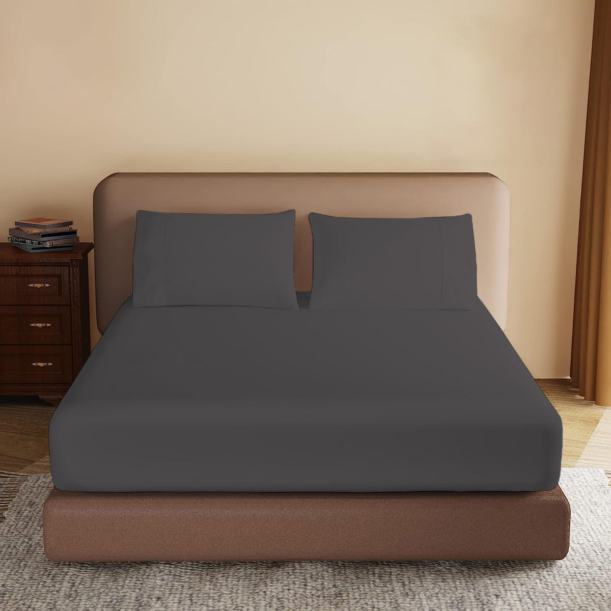 Fitted Sheet 100% Egyptian Cotton 300TC Hotel Quality 30 Cm Fitted Bedsheets (Charcoal, Single)