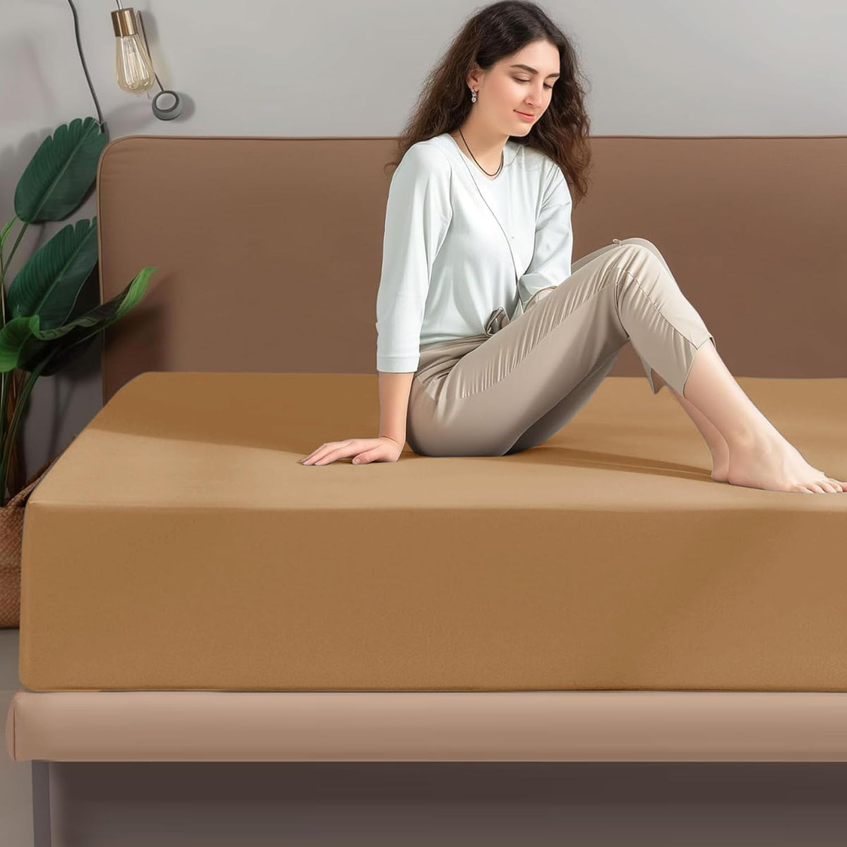 Fitted Sheet 100% Egyptian Cotton 300TC Hotel Quality 30 Cm Fitted Bedsheets (Beige, Single)