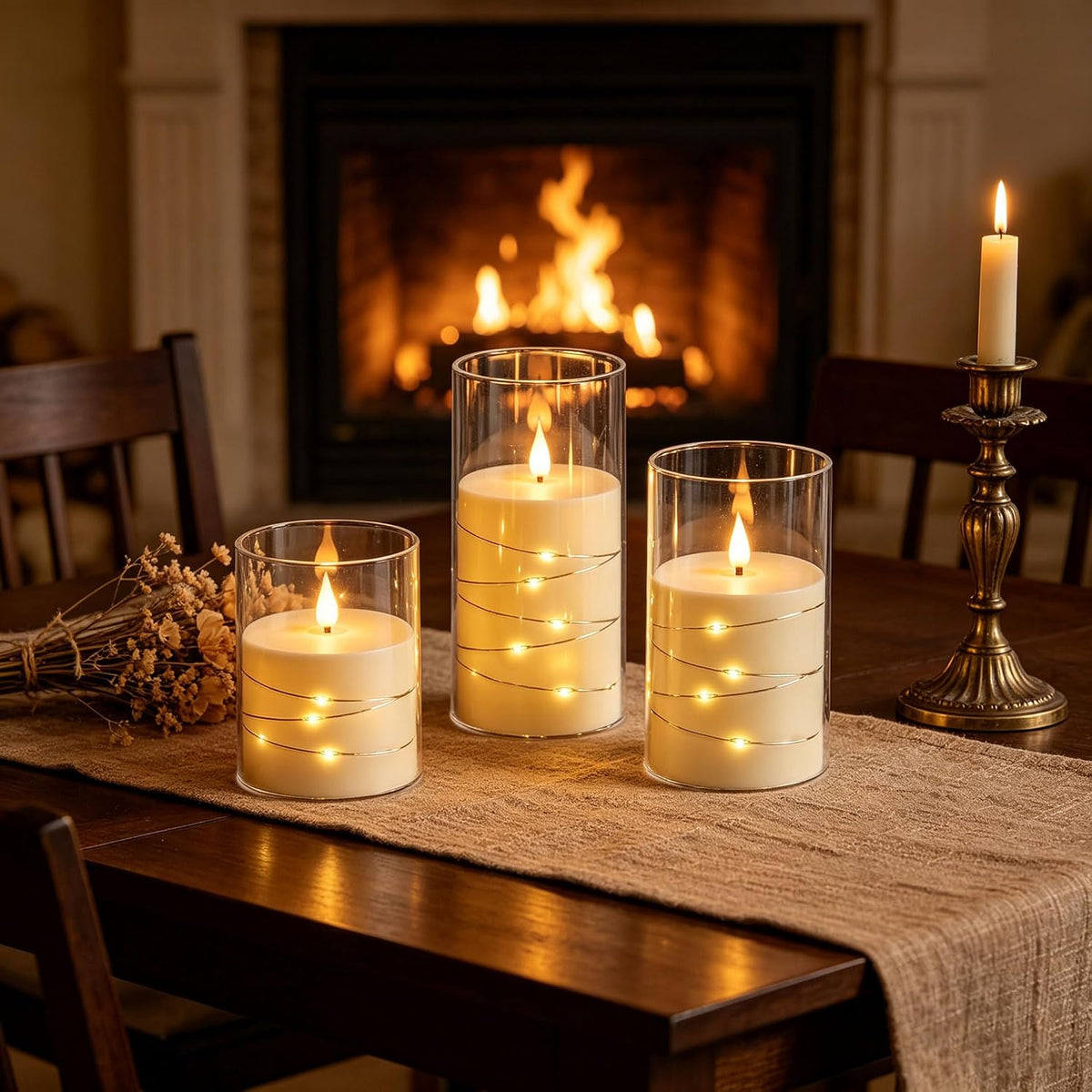 3 Pack Ivory Flickering Flameless Candles, Black Wick LED Candles with Fairy Lights, Heat Resistant Reusable Plastic, Remote Control, 7.5Cm D 10/12.5/15Cm, Indoor Outdoor Wedding Home Decor