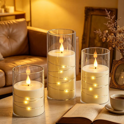 3 Pack Ivory Flickering Flameless Candles, Black Wick LED Candles with Fairy Lights, Heat Resistant Reusable Plastic, Remote Control, 7.5Cm D 10/12.5/15Cm, Indoor Outdoor Wedding Home Decor