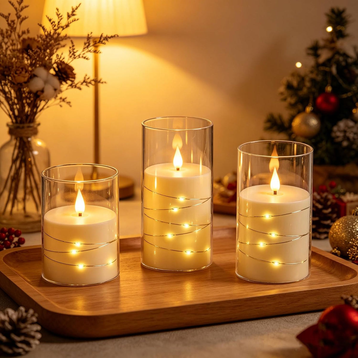 3 Pack Ivory Flickering Flameless Candles, Black Wick LED Candles with Fairy Lights, Heat Resistant Reusable Plastic, Remote Control, 7.5Cm D 10/12.5/15Cm, Indoor Outdoor Wedding Home Decor
