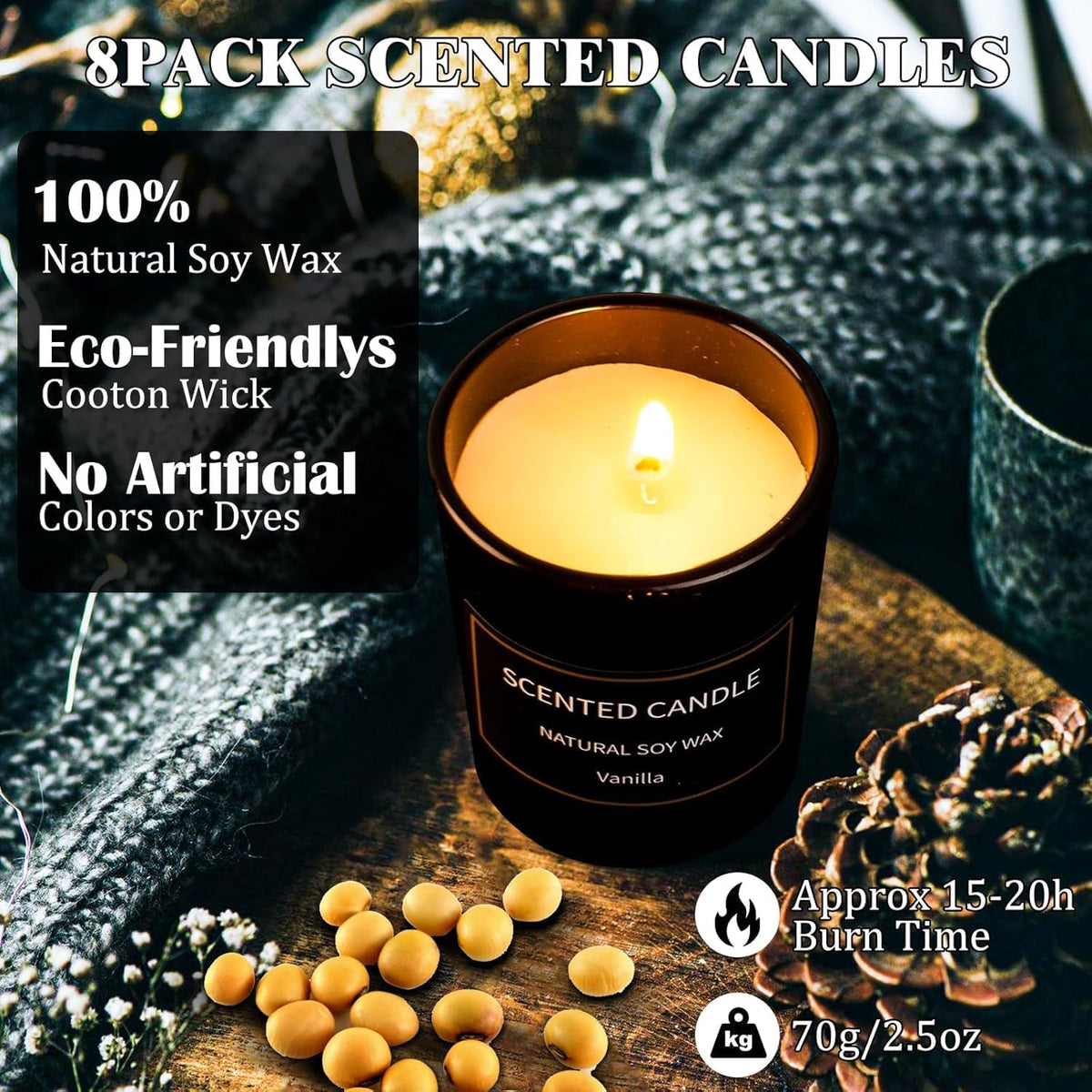 Christmas Scented Candles Gifts for Women, 8 Pack 3.4 Oz Scented Candles for Home, Smoke-Free Strong Fragrance Long Lasting, Aromatherapy Candles for Birthday, Christmas Gifts